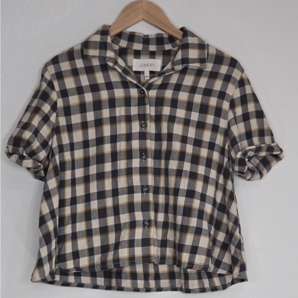 THE GREAT Camper Plaid Button Down Shirt Size Boxy Relaxed Short Sleeve Size 0